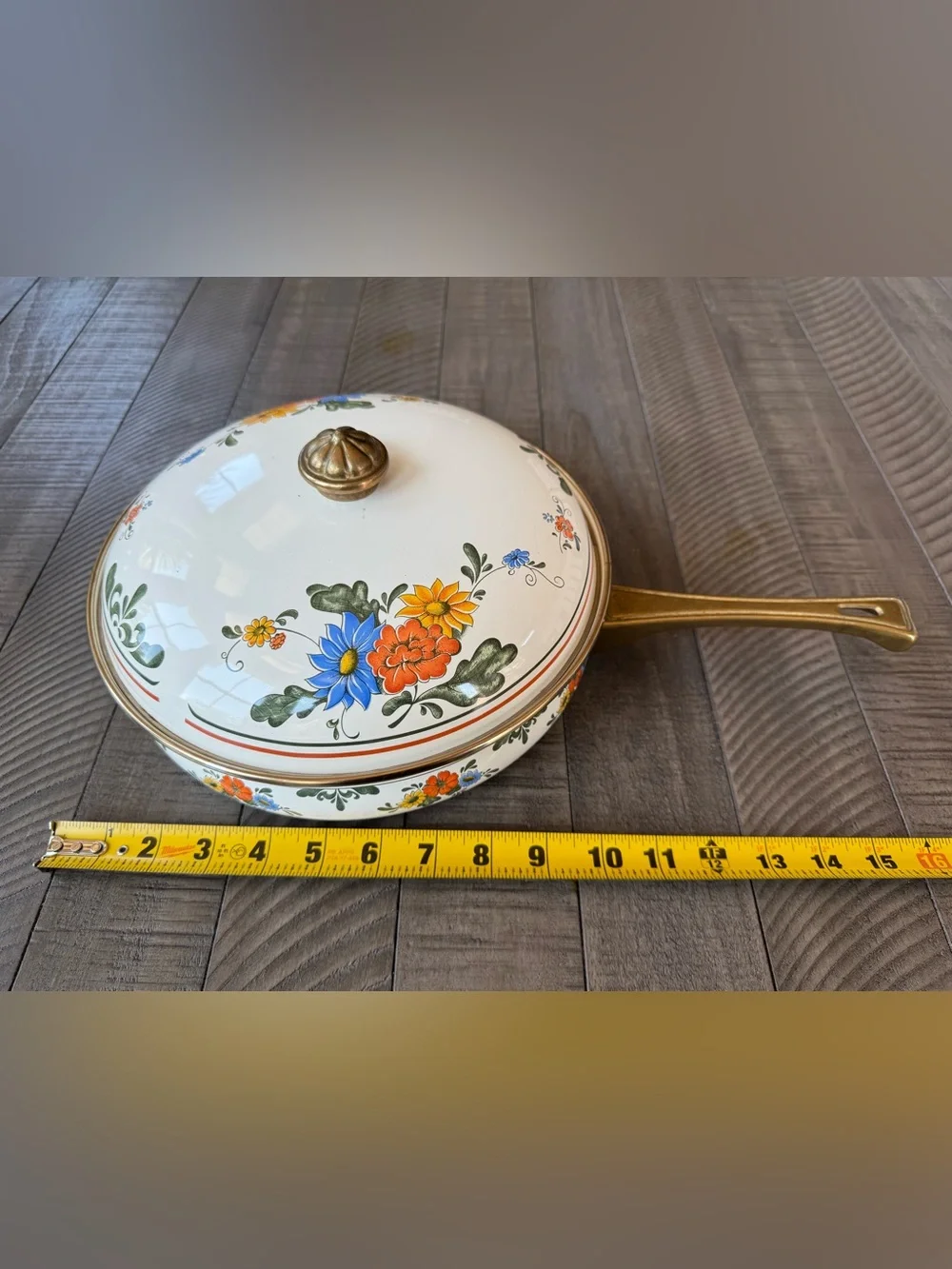 Vintage Villeroy & Boch Floral Farmhouse Enamel Covered Skillet W/Brass Handle